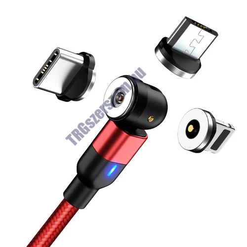 Mágneses töltőkábel 540 fokban elforgatható USB IOS Micro és C csatlakozóval (piros)
